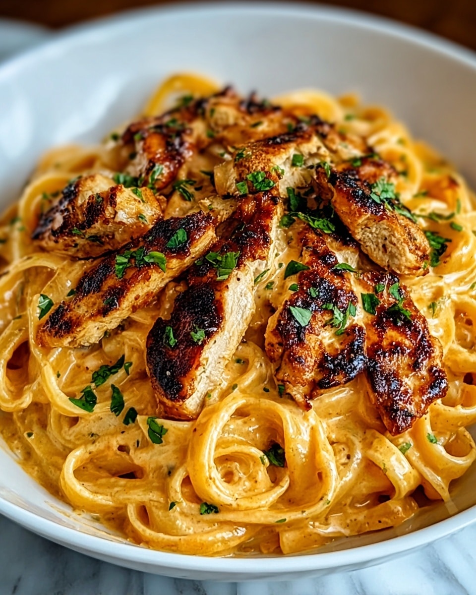 A white bowl filled with creamy fettuccine pasta coated in a smooth, glossy light orange sauce, topped with several pieces of golden brown, grilled chicken strips that have charred spots for texture, garnished with small scattered fresh green herb leaves. The pasta layer underneath shows long, slightly twisted noodles mixed evenly with the creamy sauce. The dish sits on a white marbled surface. photo taken with an iphone --ar 4:5 --v 7