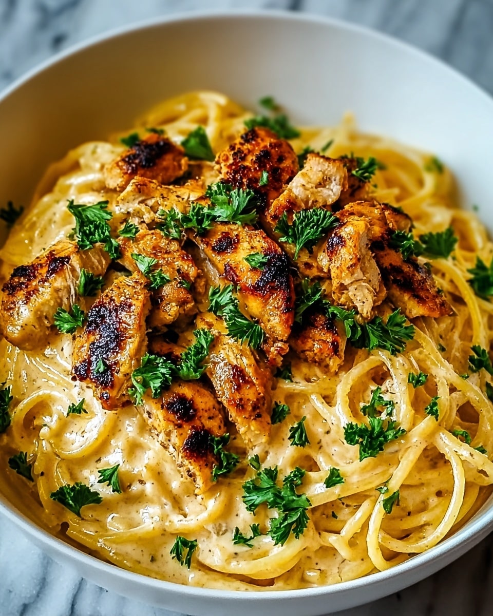 A white bowl holds a creamy pasta dish with two main layers. The bottom layer is made of spaghetti noodles coated in a light yellow creamy sauce with a smooth texture. On top, there are pieces of grilled chicken that are golden brown with charred spots and a slightly rough texture. Scattered on the chicken and pasta are small green parsley leaves, adding a fresh color contrast. The photo is set on a white marbled surface. photo taken with an iphone --ar 4:5 --v 7
