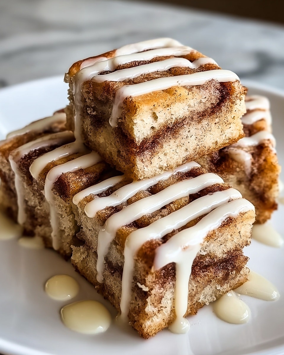 Four square pieces of cinnamon roll with visible layers of soft, light brown dough and darker brown cinnamon swirl in the middle. Each piece has thick white icing drizzled in parallel lines on top, with some icing dripping down the sides and small drops on the white plate below. The texture of the dough looks fluffy and moist, and the cinnamon gives a speckled pattern on the surface. The plate is set on a white marbled surface. photo taken with an iphone --ar 4:5 --v 7