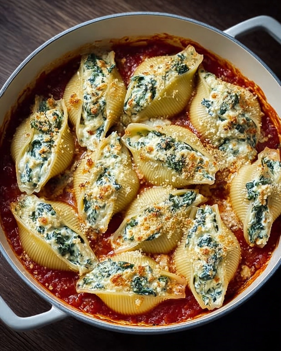The image shows a round white pan filled with large pasta shells stuffed with a creamy white and green mixture, likely cheese and spinach. The shells are arranged closely together over a rich red tomato sauce that covers the bottom of the pan. The cheese mixture inside the shells is slightly browned on top, giving a golden touch, and some herbs or grated cheese are sprinkled on the filling. The pan sits on a white marbled surface. photo taken with an iphone --ar 4:5 --v 7