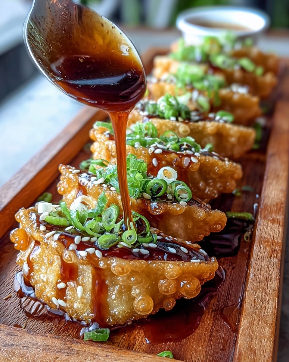 A row of four golden brown crispy dumplings with a bubbly, fried texture on the outer shell are placed side by side on a wooden tray. Each dumpling is generously topped with bright green chopped scallions and white sesame seeds. A thick, shiny dark brown sauce is being poured from a spoon over the first dumpling, slowly dripping down the crispy layers and pooling slightly at the base. The background is softly blurred, placing full focus on the dumplings' rich, crunchy, and fresh details. photo taken with an iphone --ar 4:5 --v 7
