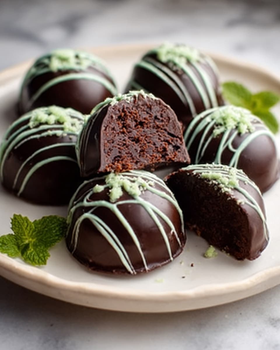 The image shows a white round plate on a white marbled surface holding five dome-shaped chocolate desserts. Each dome is coated in dark chocolate with thin, light green drizzle lines crossing the top. One dome is cut in half revealing a rich, dark filling inside. There are small light green sprinkles on the domes and fresh mint leaves placed around the plate. The lighting highlights the shiny texture of the chocolate coating, making it look smooth and glossy. Photo taken with an iphone --ar 4:5 --v 7