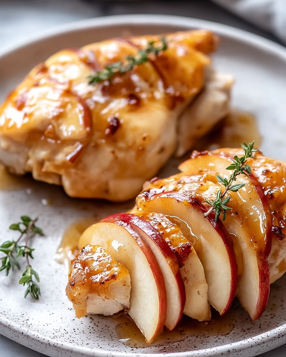 Two golden brown, cooked chicken breasts are placed on a round white plate with a speckled texture. Each chicken piece is sliced partially on top, with thin layers of red apple slices inserted between the cuts, creating a layered look. The chicken's shiny surface shows a glaze that makes it look juicy and tender. Small green thyme sprigs rest on top of the chicken, adding a fresh touch. The white marbled background is soft and bright, making the colors of the dish stand out clearly. photo taken with an iphone --ar 4:5 --v 7