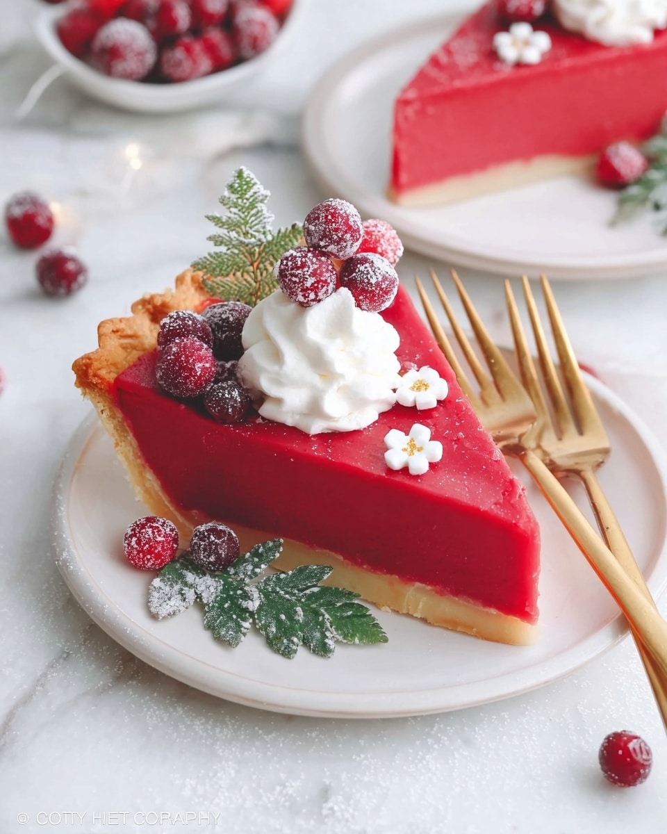 A slice of bright red pie with two visible layers: a thick, smooth red filling and a thin, light golden crust at the bottom, edged by a slightly crimped pale golden pie crust. The slice is topped with a dollop of white whipped cream in the center, a cluster of small red berries on one side, and a few small white flower-shaped decorations scattered on the red surface. There is also a sprig of green leaves with a dusting of white sugar next to the berries. The slice sits on a white plate on a white marbled surface, with a gold fork placed nearby and a few loose red berries scattered around. Photo taken with an iphone --ar 4:5 --v 7