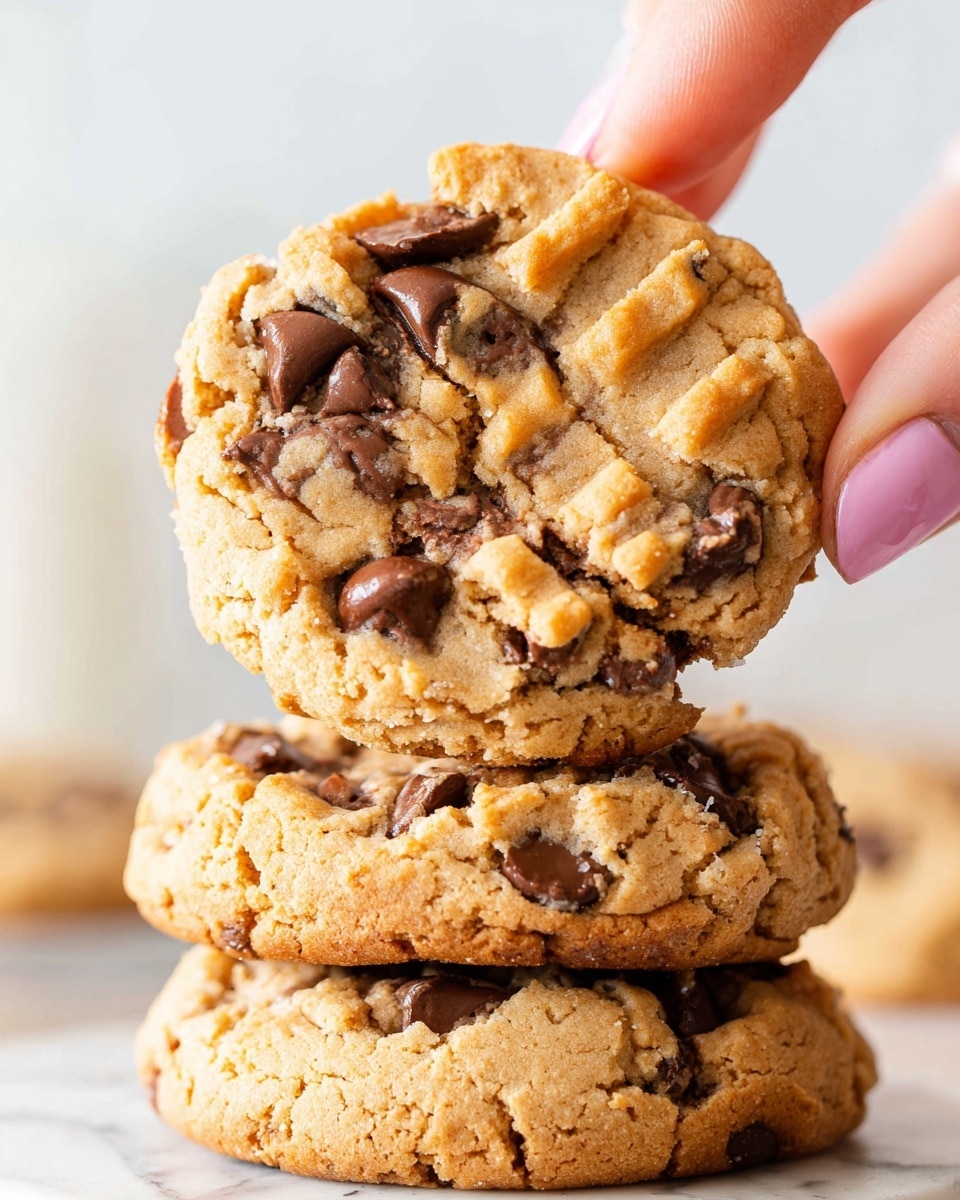 The image shows a close-up of a stack of three peanut butter chocolate chip cookies on a white marbled surface. The bottom two cookies form the base, while a third cookie is held above by a woman's hand with light pink nail polish. Each cookie has a rough, crumbly texture, golden brown color, and visible chocolate chips embedded throughout. The top cookie shows fork marks pressed into the dough pattern and a few cracked parts revealing soft chocolate inside. The background is softly blurred with white tones. Photo taken with an iphone --ar 4:5 --v 7