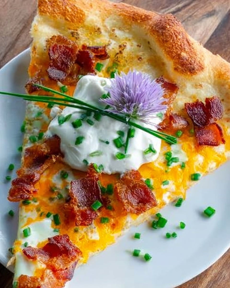 A single slice of pizza rests on a white plate with a wooden texture beneath, the base layer shows a golden, slightly thick crust with melted cheese covering it evenly. On top, there are several crispy brown bacon pieces scattered sparingly. There is a layer of white cream sauce pooled in one area, with thin strips of bright orange cheddar cheese spread around. Green chive pieces are sprinkled on top, along with a small purple flower with a green stem placed near the center. Photo taken with an iphone --ar 4:5 --v 7