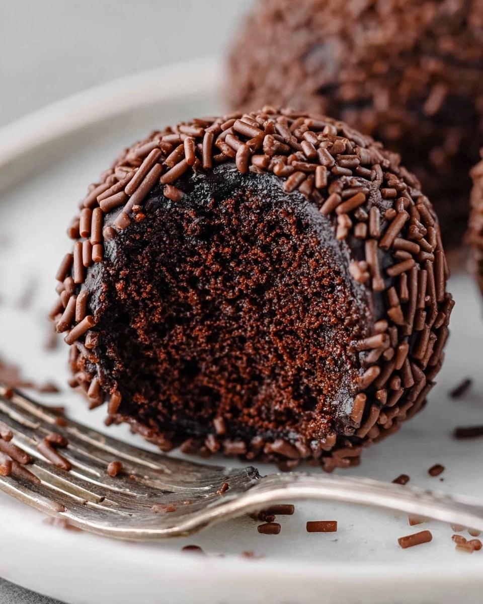 A close-up of a round chocolate ball covered in dark chocolate sprinkles, with one bite taken out showing a moist, crumbly chocolate cake inside. The chocolate sprinkles create a textured, layered outer shell, while the inner cake is dense and dark brown. The ball rests on a white marbled plate, with a silver fork underneath it and some scattered sprinkles on the plate. The overall image focuses on the rich textures and deep brown colors of the chocolate dessert. photo taken with an iphone --ar 4:5 --v 7