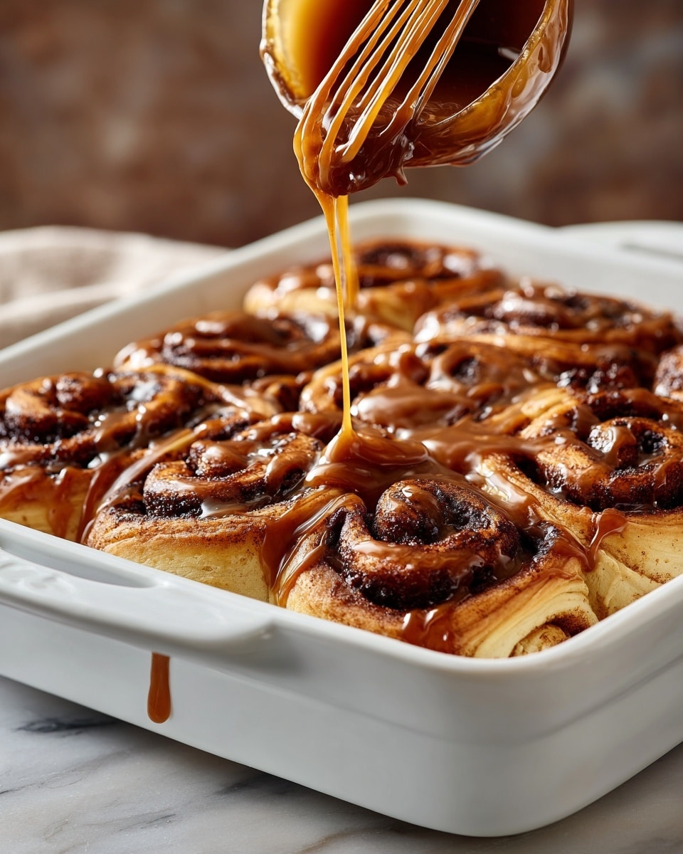 The image shows a single chocolate cinnamon roll with a rich dark brown dough that looks soft and fluffy. It has a spiral shape with layers of dark chocolate filling inside, creating swirls of black and deep brown. The roll is drizzled generously with a shiny caramel sauce on top, which also spreads out on the white plate underneath. The cinnamon roll is slightly broken in the front, revealing its soft texture inside. In the background, there is a white baking dish with more cinnamon rolls and another white plate with a similar roll, all placed on a white marbled surface with some caramel drizzle around. photo taken with an iphone --ar 4:5 --v 7