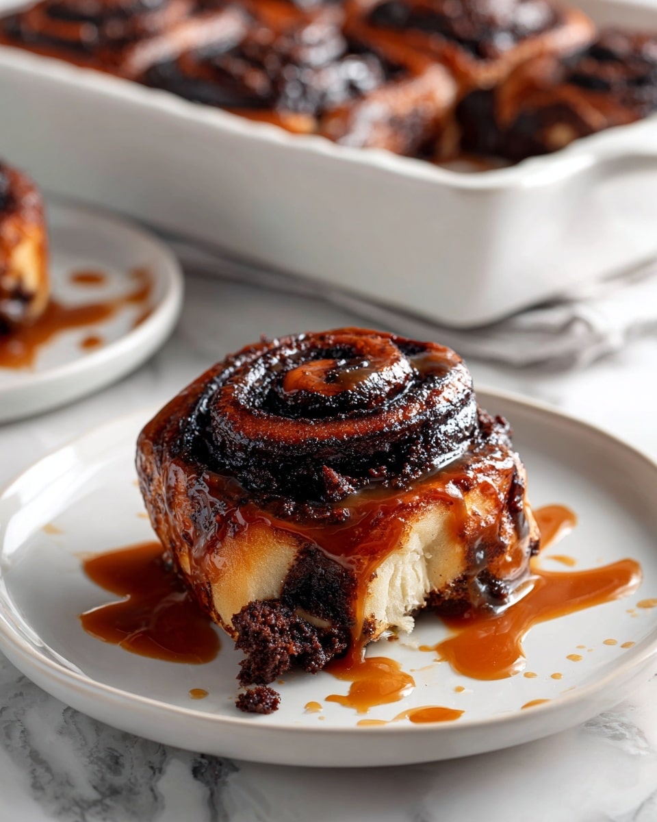A white square baking dish is filled with dark brown, swirled cinnamon rolls arranged closely together in two layers. The rolls have a textured surface showing folds and dark spots where the cinnamon filling is visible. Light brown, glossy caramel sauce is being drizzled generously over the whole dish from a whisk held above it, creating thin, flowing streams covering the cinnamon rolls in a sticky glaze. The dish sits on a white marbled surface with a blurred brown and gray background. Photo taken with an iphone --ar 4:5 --v 7