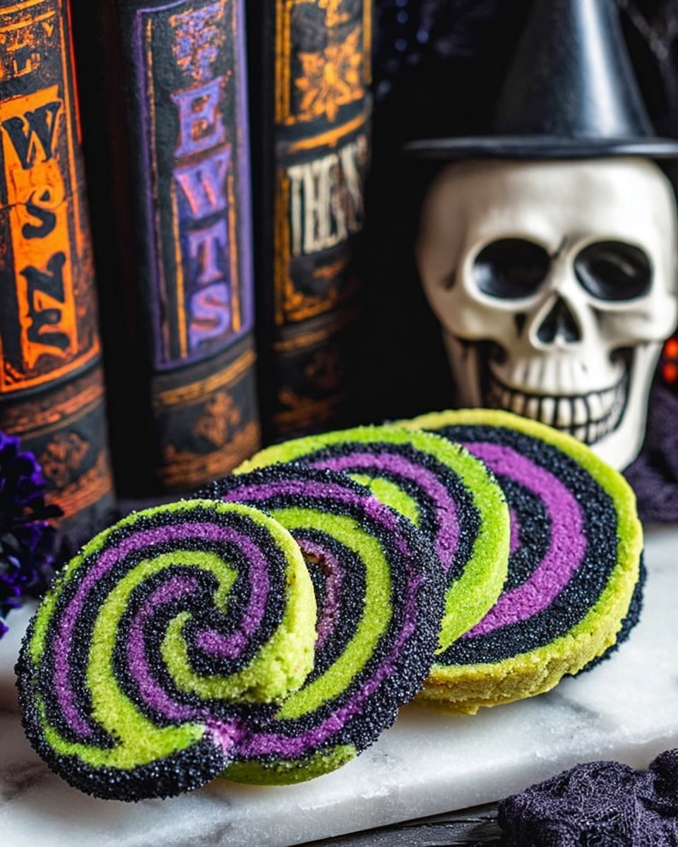 The image shows four round cookie slices arranged in a slight curve on a white marbled surface, each with three visible spiral layers: a bright lime green outer layer, a black middle layer, and a purple inner layer, all with a slightly grainy texture and black sugar sprinkles on the edges. Behind the cookies is a white skull figurine with empty eye sockets and a toothy grin, sitting on the surface. On the left side, there are three old-looking black books with colorful titles “EWS” and “TIONS” visible in orange and yellow letters, along with part of a black cone-shaped hat on the surface. The setting gives a spooky, Halloween-like feeling. Photo taken with an iphone --ar 4:5 --v 7