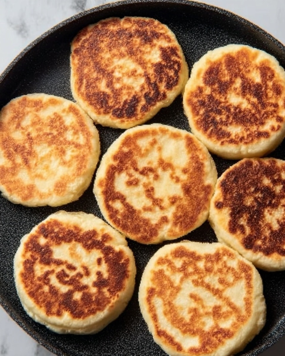 The image shows seven round bread pieces cooked to a golden brown color with darker brown spots on top, arranged on a dark cooking pan. Each bread has a slightly rough and uneven texture on the surface, showing a crisp, toasted look with soft edges. The breads are close to each other but not touching, with one in the center and the rest surrounding it in a loose circle. The background is a white marbled texture. Photo taken with an iphone --ar 4:5 --v 7