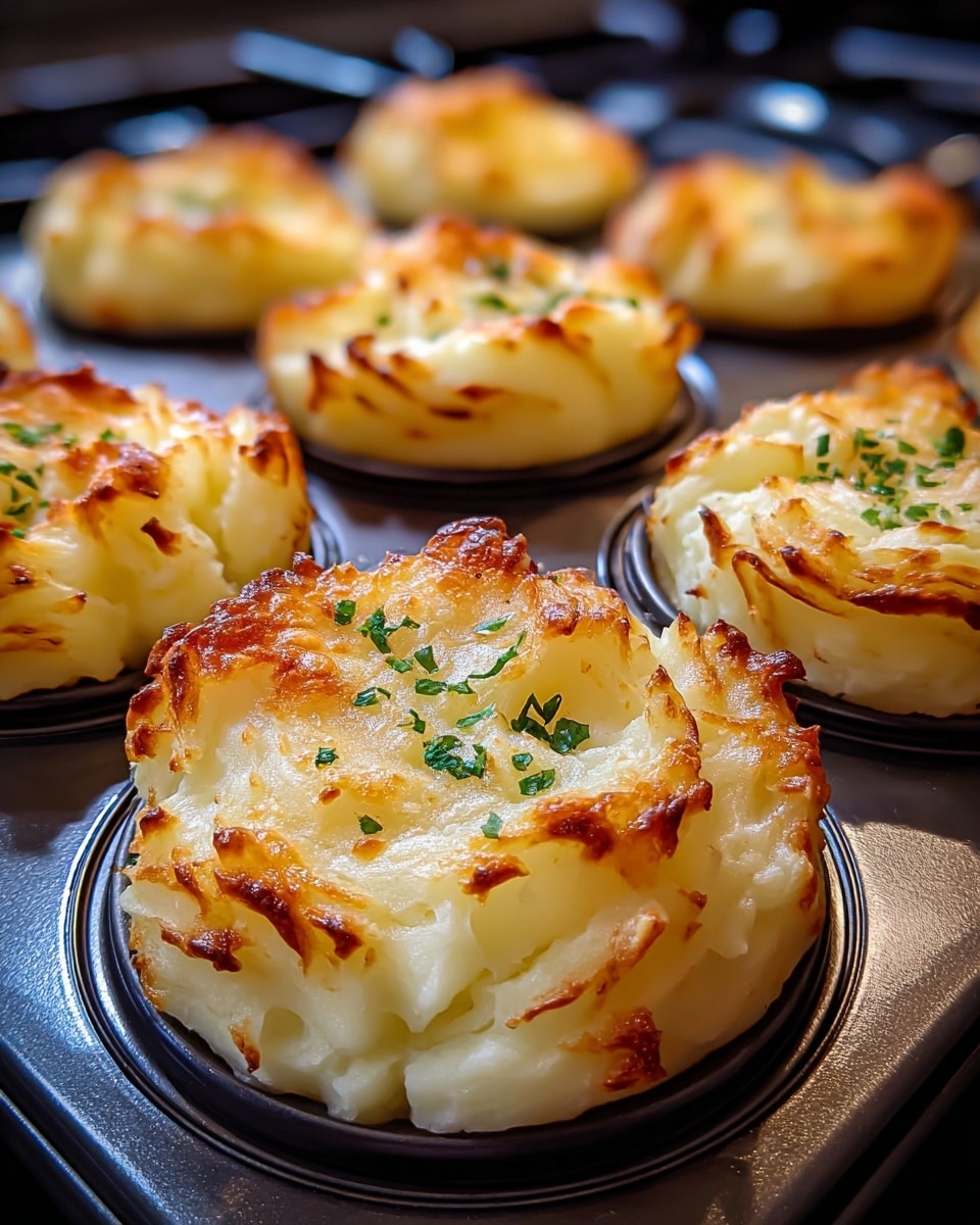 The image shows eight small golden-brown mashed potato nests with a lightly crispy and slightly browned top layer, each about two layers thick: a soft, creamy white mashed potato base and a textured, golden crispy top with small green herb flakes sprinkled over, all held in shiny black muffin cups arranged in a baking tray. The background is blurred but shows a dark stove beneath the tray, with the focus on the nearest potato nests. photo taken with an iphone --ar 4:5 --v 7