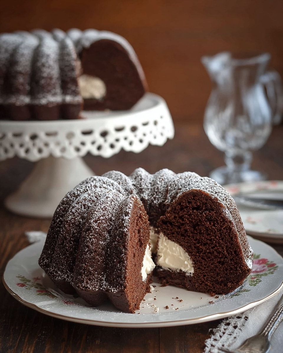 A chocolate bundt cake with two layers is shown, with one large piece cut out in front. The cake is dark brown and has a moist texture, topped with a light dusting of powdered sugar on the rounded ridges. The cut piece reveals a smooth white cream layer inside near the top, contrasting with the dark cake. The cake sits on a white plate with a delicate floral pattern around the edge, placed on a wooden surface. In the background, the whole cake is on a white decorative cake stand, and a clear glass pitcher is visible. Photo taken with an iphone --ar 4:5 --v 7