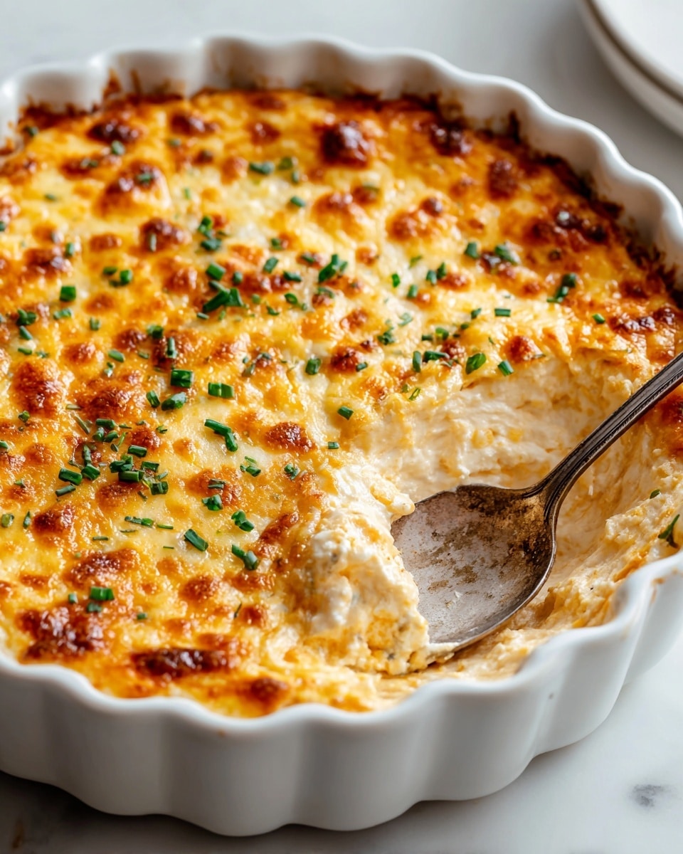 A white scalloped ceramic dish filled with a baked cheesy dip showing two clear layers: the top layer is a golden brown melted cheese crust with small browned spots and is sprinkled with chopped green herbs, while the bottom layer is creamy, light orange, and smooth with a spoon scooping part of it, revealing its soft, thick texture. The dish sits on a white marbled surface, and the spoon has a worn, matte metal look. photo taken with an iphone --ar 4:5 --v 7