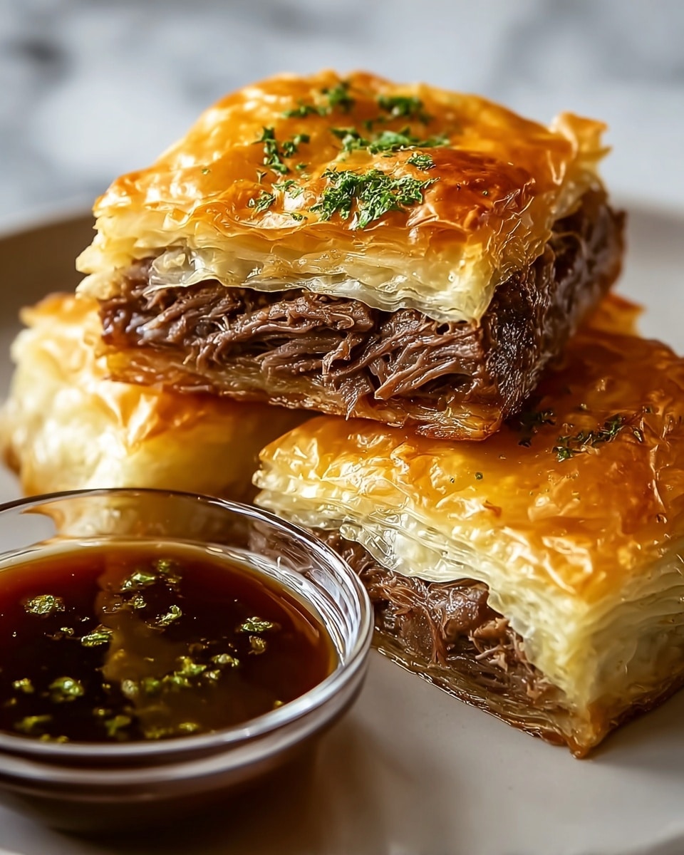 The image shows three small, square beef wellingtons stacked on each other, each with two main layers: a thick, dark brown, juicy beef layer at the bottom with visible texture and a shiny, golden-brown, flaky puff pastry layer on top with clear, crisp layers. The top pastry has a sprig of fresh green herbs for garnish, and there is a pool of dark brown sauce around the base of the stack on a white marbled surface. A white bowl with more sauce is slightly blurred in the background. Photo taken with an iphone --ar 4:5 --v 7