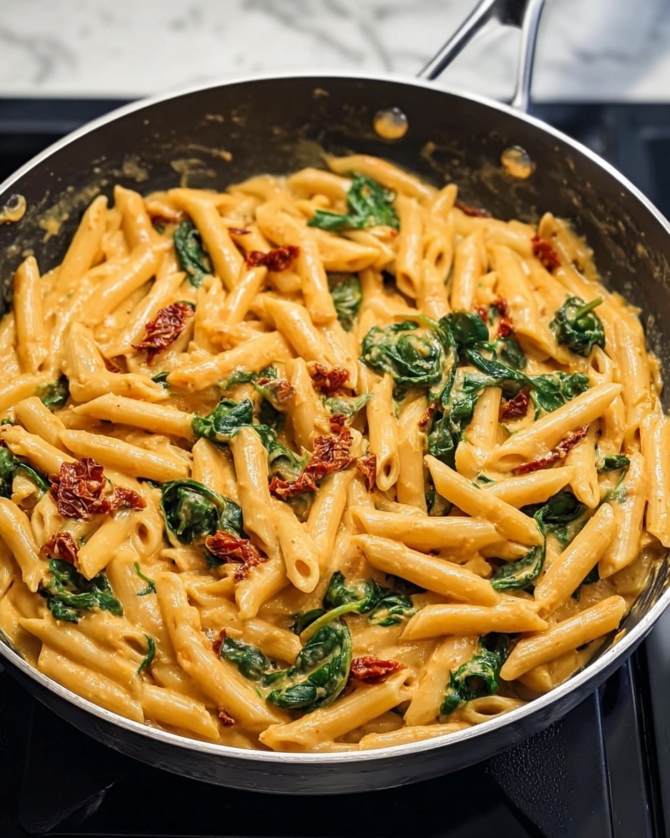 The image shows a close-up of a one-layer creamy pasta dish in a large black frying pan with a silver rim. The pasta is penne, coated evenly in a thick, light orange creamy sauce. Scattered throughout are pieces of wilted dark green spinach and bright red sun-dried tomatoes, adding color contrast and texture. The pan is placed on a black stovetop with a white marbled surface visible nearby. photo taken with an iphone --ar 4:5 --v 7
