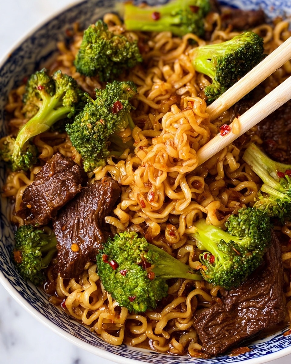 A white round plate holds a stir-fry dish with three main layers: the bottom layer is a bed of lightly sauced, curly yellow noodles; the middle layer consists of bright green, steamed broccoli florets placed evenly across the noodles; the top layer shows thin, brown beef slices scattered throughout with a sprinkling of small, light brown sesame seeds covering all. The dish has a glossy look from the sauce, and a silver fork rests on the edge of the plate. The plate is set on a white marbled textured surface. photo taken with an iphone --ar 4:5 --v 7