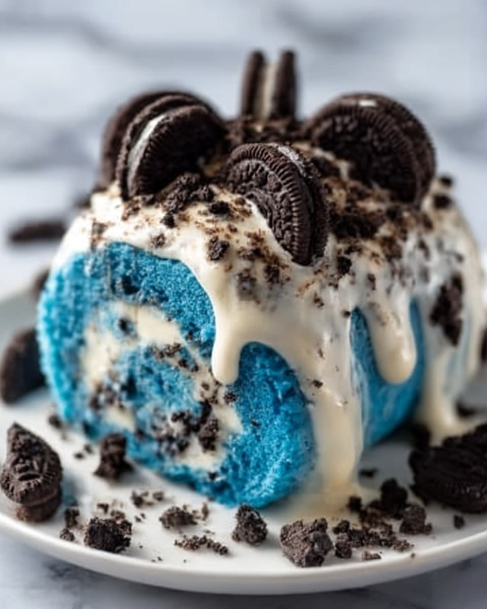 A close-up of a blue roll cake on a white plate, with thick white cream dripping over the sides in a smooth texture. The top layer is covered with crushed dark chocolate cookie pieces and several half cookie pieces scattered around. The blue cake shows a soft, spongy texture beneath the cream. The background is a white marbled texture. Photo taken with an iphone --ar 4:5 --v 7