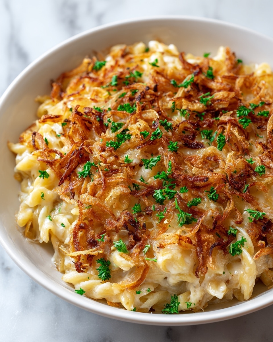 The dish shows one main layer of creamy, pale yellow pasta mixed with melted cheese, topped with crispy, golden-brown fried onions scattered unevenly on top. Small pieces of bright green parsley are sprinkled over the onions and pasta, adding a fresh look. The pasta noodles appear soft and slightly saucy, sitting in a shallow white bowl placed on a white marbled surface. Photo taken with an iphone --ar 4:5 --v 7