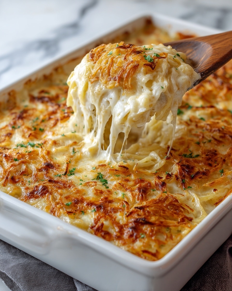 The image shows a close-up view of a creamy baked casserole being scooped from a white rectangular dish with a wooden spoon. The casserole has three distinct layers: the bottom layer is soft and pale, made up of cooked pasta, the middle layer is a thick, smooth white cheese sauce, and the top layer is golden brown, crispy fried onions sprinkled lightly with small green herbs. The casserole is bubbling with melted cheese stretching as it is lifted, and bits of browned cheese are visible on the edges of the dish. The dish rests on a white marbled surface with a grey cloth underneath. photo taken with an iphone --ar 4:5 --v 7