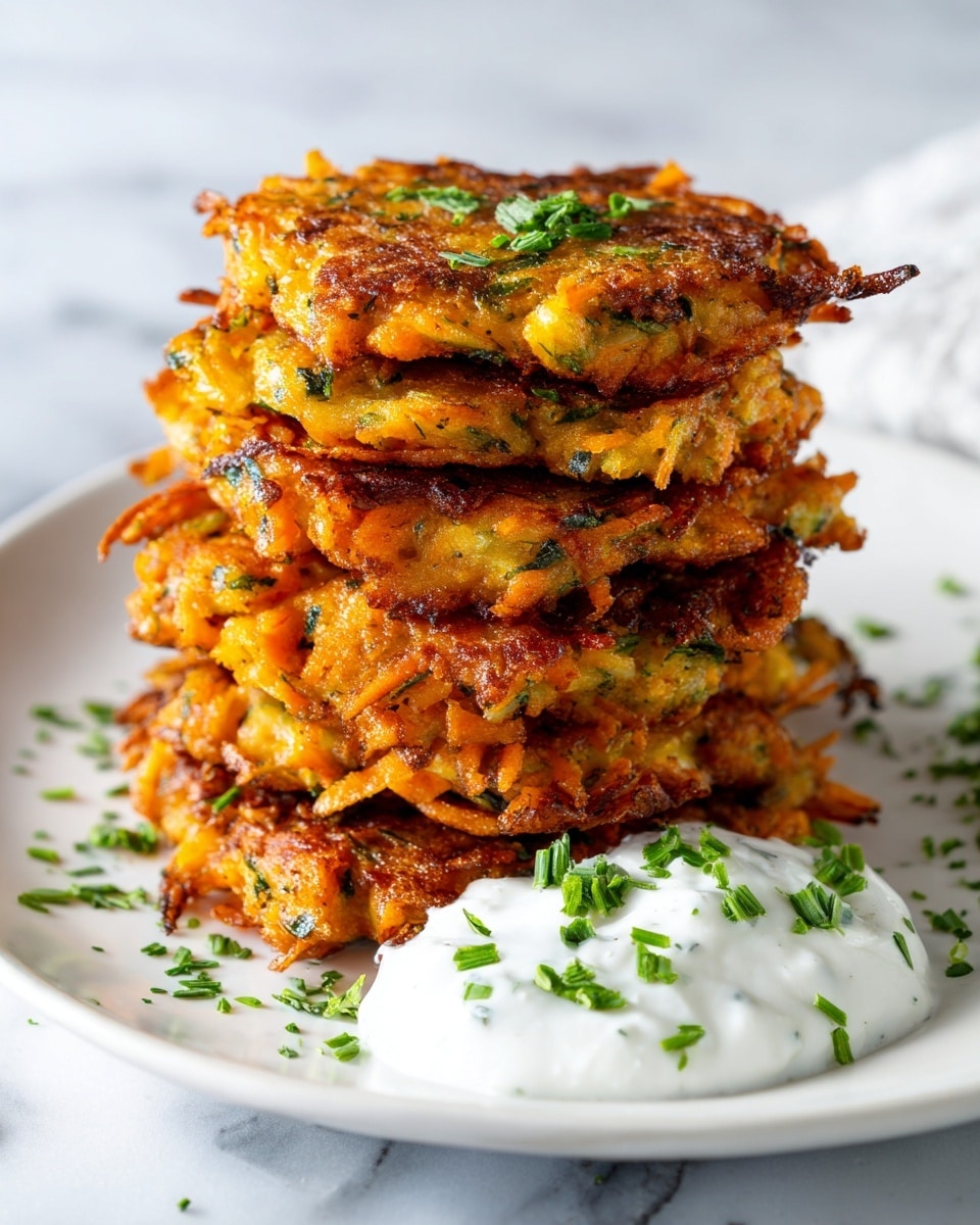 The image shows a white plate on a white marbled surface with six golden-brown fritters stacked in a small pile. Each fritter has a crispy texture with visible bits of orange from grated vegetables and green herbs mixed in, giving a crunchy look. The fritters are thick with uneven edges and a nicely browned surface that suggests they are fried. To the side of the stack, there is a dollop of white creamy sauce, topped with small green herb pieces. Some chopped herbs are also sprinkled around the plate for decoration. photo taken with an iphone --ar 4:5 --v 7