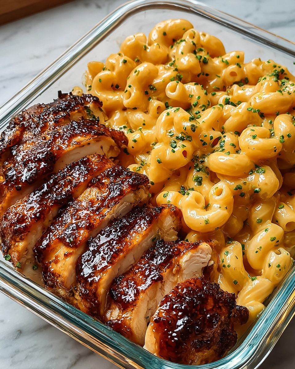 A glass container filled with two main sections: on the left, thick slices of glazed chicken breast with a rich, dark brown caramelized crust, juicy inside showing a light beige color; on the right, a generous amount of creamy, glossy macaroni pasta with a pale orange cheese sauce, sprinkled with small bits of chopped green herbs on top, all placed on a white marbled surface photo taken with an iphone --ar 4:5 --v 7