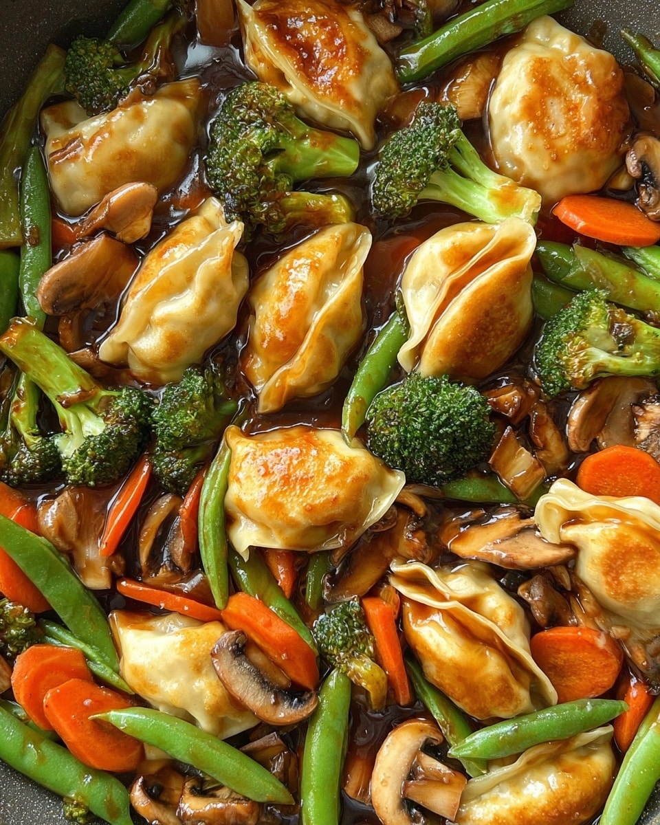 The image shows a close-up of a stir-fry dish with several golden brown dumplings that have a slightly crispy texture on top; these dumplings are scattered throughout the dish. Mixed in are bright green broccoli florets, vibrant orange carrot slices, small whole mushrooms, and green beans, all coated in a glossy, rich brown sauce. The vegetables are fresh and tender, creating layers of color and texture alongside the dumplings. The background is a white marbled texture. photo taken with an iphone --ar 4:5 --v 7