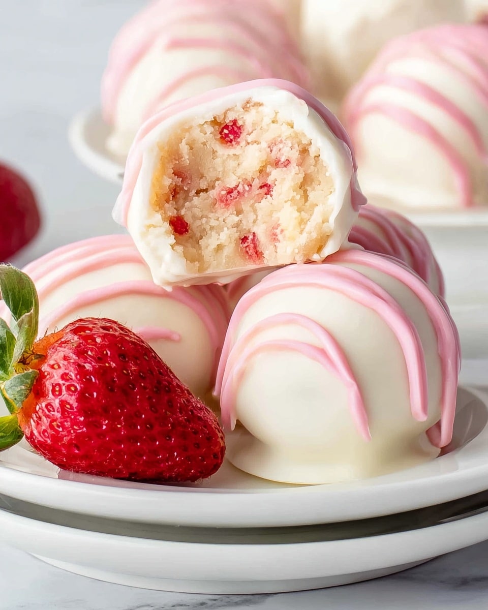The image shows three small round desserts on a white plate, each coated in smooth white chocolate with pink drizzle on top. One dessert is bitten to show its inside, which has a light beige filling with small bright red bits scattered throughout. Next to the desserts is a fresh red strawberry with a green leafy top. The plate is stacked on two more white plates, and the whole scene is set against a white marbled surface. photo taken with an iphone --ar 4:5 --v 7