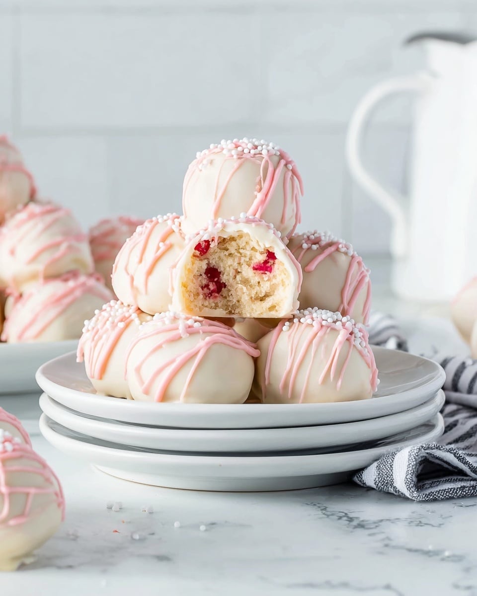 A stack of round dessert balls covered in smooth white chocolate with a light pink drizzle on top and small white round sprinkles scattered over them is placed on three stacked white plates. The balls have a creamy, beige inside with small red fruit pieces, visible from one ball that is bitten. The background shows a white marbled surface and a blurry white jug with a striped cloth nearby, adding a bright and clean look to the scene. photo taken with an iphone --ar 4:5 --v 7