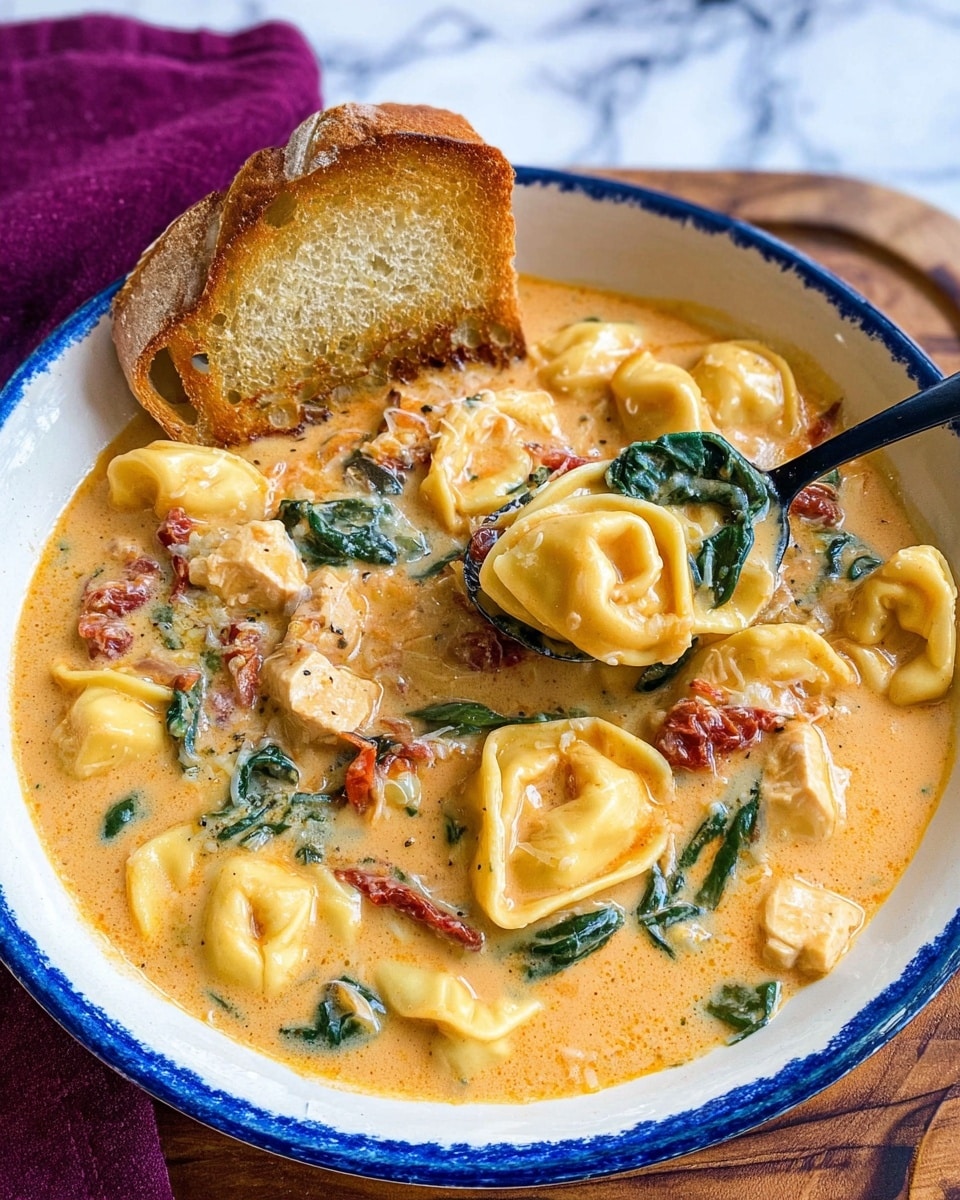 A white bowl with a blue rim holds a creamy, orange-colored tortellini soup rich in texture. The soup includes tortellini pasta, cooked spinach leaves, and pieces of red sun-dried tomatoes scattered throughout. Chunks of light-colored chicken are mixed in with the pasta and vegetables. A toasted slice of bread with a golden-brown crust rests partially dipped into the soup on one side. A black spoon is placed inside the bowl, lifting some tortellini and spinach. The bowl sits on a wooden surface with a purple cloth nearby and a white marbled background beneath. Photo taken with an iphone --ar 4:5 --v 7