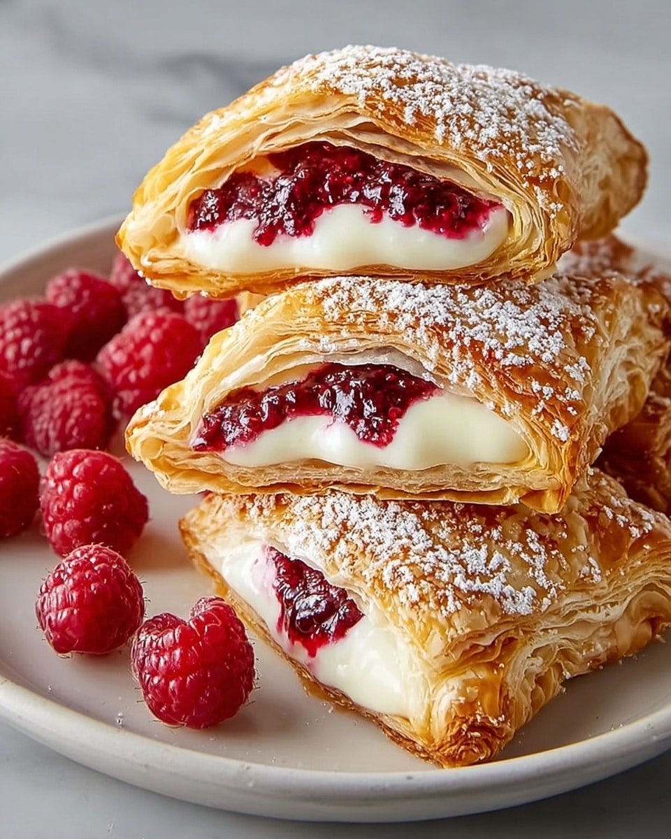 Three golden-brown puff pastries with many thin, crispy layers are placed on a white plate. Each pastry is cut open, showing a thick white cream layer on the bottom and a bright red raspberry filling on top, with juicy raspberry pieces visible. The pastries are sprinkled with powdered sugar on top. Fresh whole raspberries are scattered around the pastries on the plate, which sits on a white marbled background. photo taken with an iphone --ar 4:5 --v 7