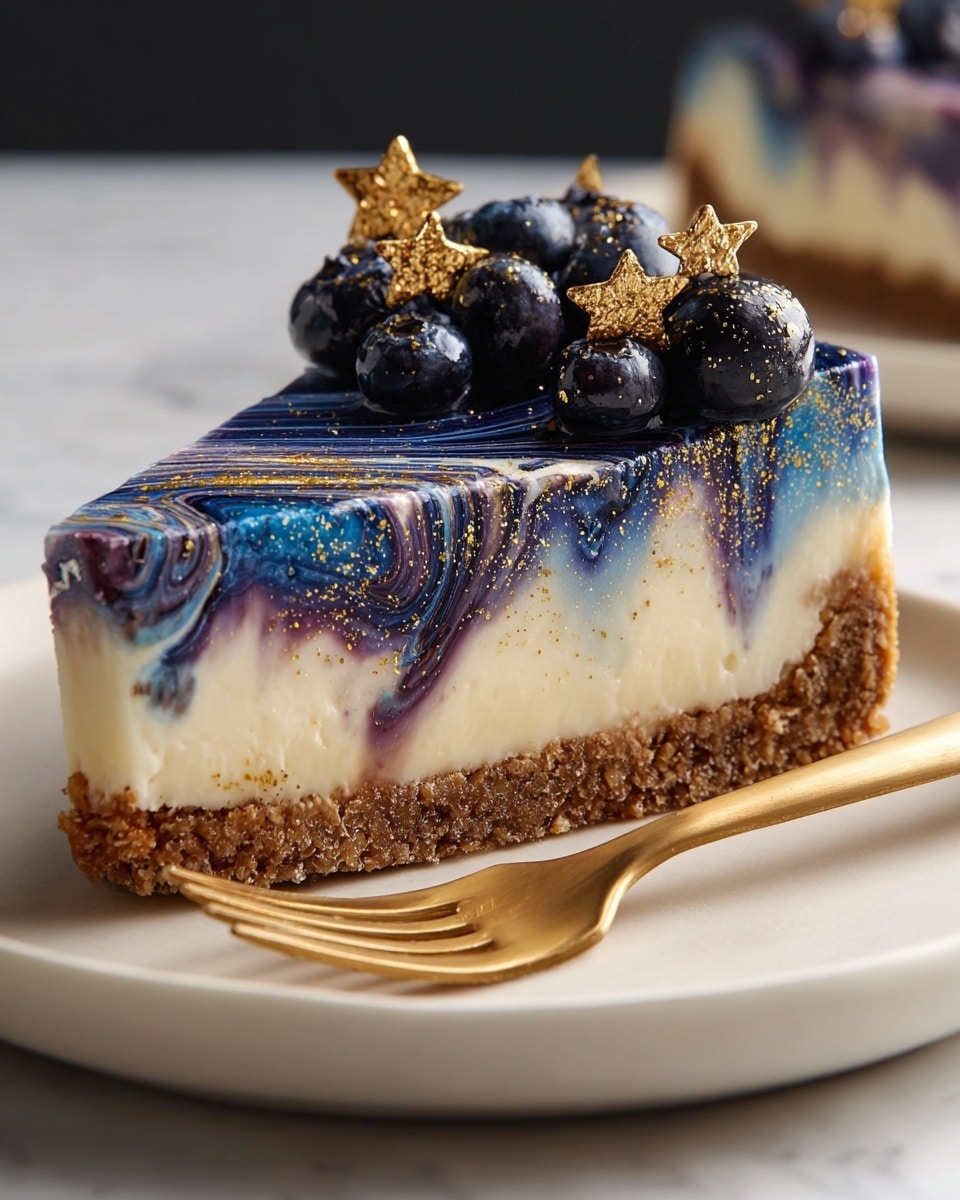 A slice of cheesecake with three visible layers sits on a white plate: the bottom layer is a crumbly, brown crust, the middle layer is creamy and off-white, and the top layer features a glossy mix of blue and purple swirls with golden glitter. On top are clusters of dark blueberries, each topped with small golden star decorations. A golden fork lays on the edge of the plate, and the plate is placed on a white marbled surface. Photo taken with an iphone --ar 4:5 --v 7
