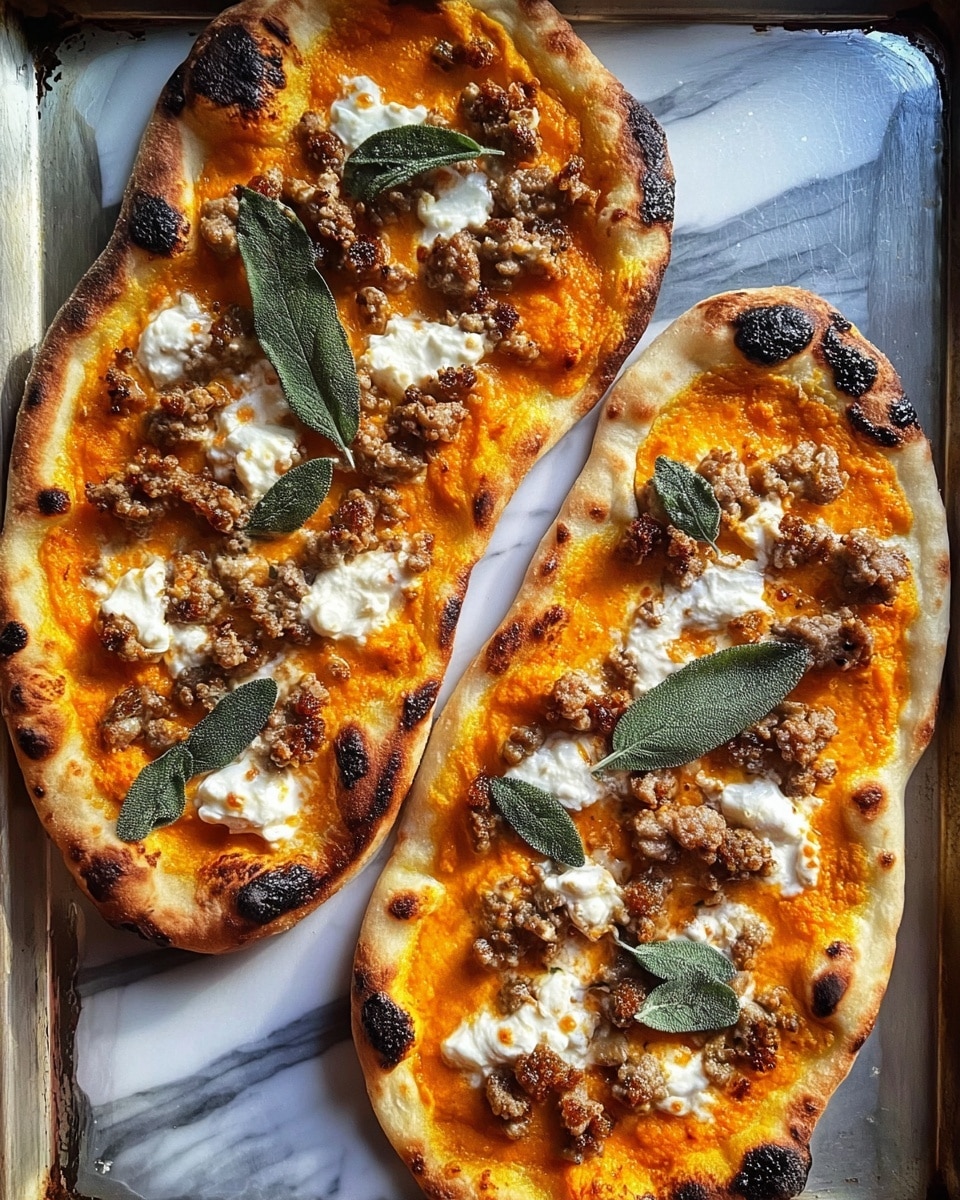 Two oval pizzas on a baking tray with a white marbled texture under it, each pizza has a golden soft crust with some dark charred spots, spread with a bright orange sauce, topped with small brown browned sausage pieces, white dollops of creamy cheese, and fresh whole green sage leaves scattered on top. photo taken with an iphone --ar 4:5 --v 7