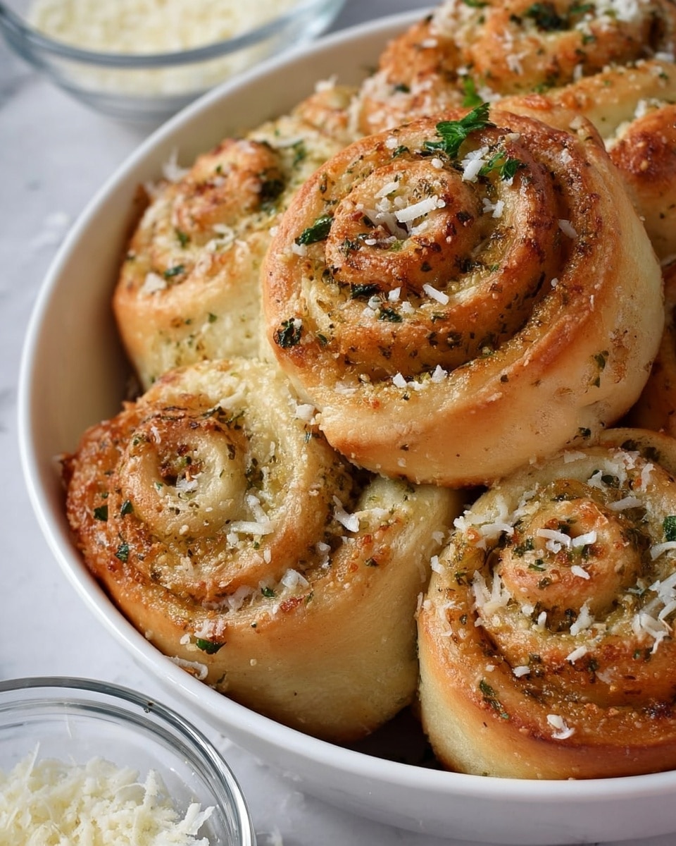 A close-up view of soft, golden-brown rolls shaped like spirals in a white bowl, each roll showing 3-4 visible layers with a slightly browned baked dough outer layer. The dough layers have a light tan color with fine green herb flecks spread evenly, and the tops are sprinkled with white grated cheese and small green parsley pieces, adding texture and color contrast. The rolls are tightly packed together, showing their fluffy and soft inside texture, set on a white marbled surface with two clear glass bowls nearby containing grated cheese. Photo taken with an iphone --ar 4:5 --v 7