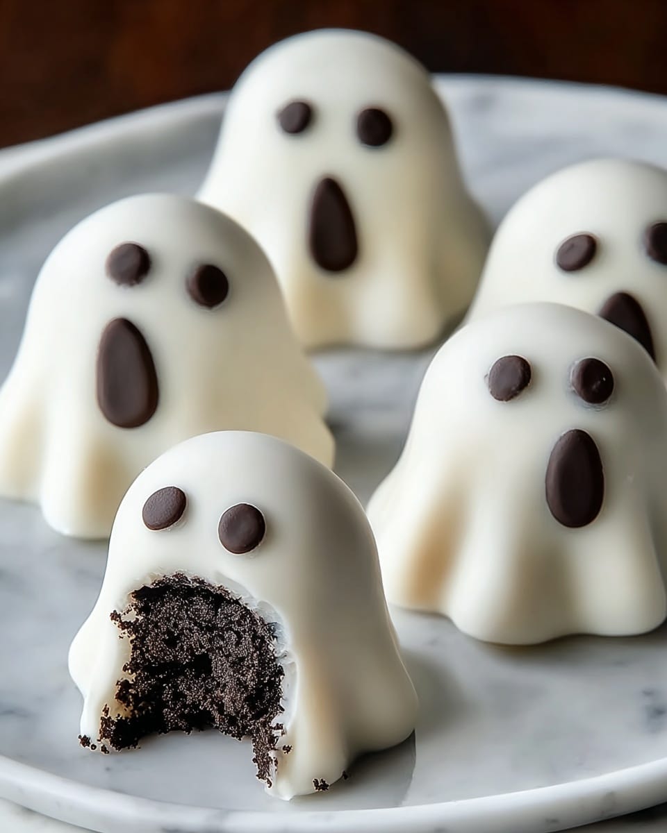The image shows five small ghost-shaped treats on a white plate with a white marbled background visible around it. Each treat has a smooth, shiny white coating shaped like a ghost with two small, round dark chocolate eyes near the top and a larger oval-shaped dark chocolate mouth below the eyes. The ghosts have a rounded top and short flowing sides that spread slightly outward, giving the appearance of a floating ghost. One ghost in the front has a bite taken out, revealing a crumbly, dark, almost black interior layer inside. Photo taken with an iphone --ar 4:5 --v 7