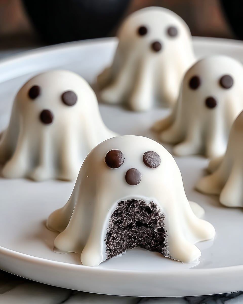 A white plate holds five small ghost-shaped treats, each covered in a smooth white layer resembling icing or chocolate, with two dark chocolate buttons for eyes. The front ghost is bitten to show a dark, crumbly chocolate cookie inside. Each ghost has a rounded dome shape that flares slightly at the base, creating a flowing appearance. They sit on a white marbled surface with soft lighting that softly highlights the smooth texture and details on the treats. Photo taken with an iphone --ar 4:5 --v 7