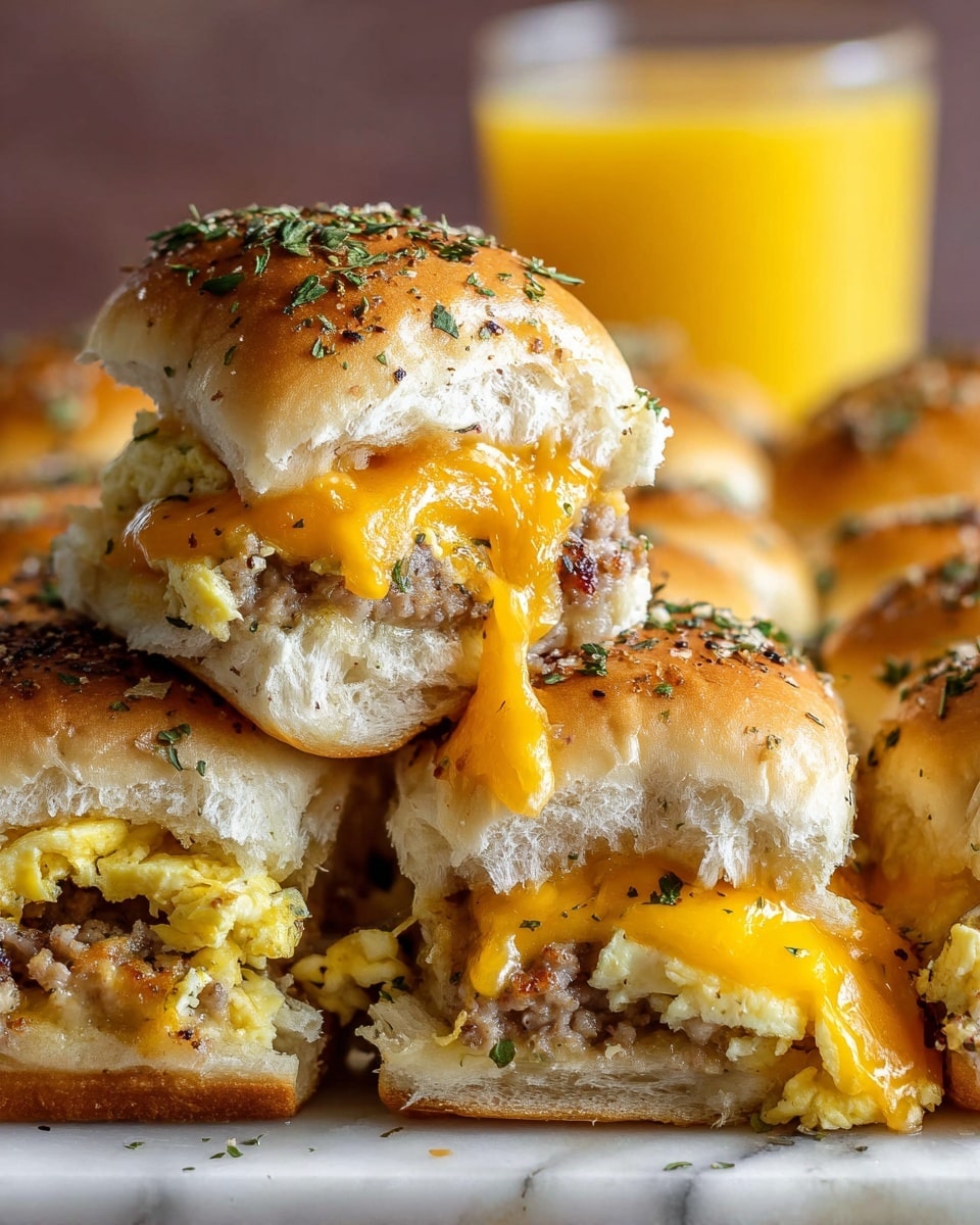 A close-up image of a stack of breakfast slider sandwiches placed on a white marbled surface, showing a top half bun that is golden brown with a soft, fluffy texture sprinkled with herbs and melted cheese. Below the bun, there is a layer of vibrant orange melted cheddar cheese that oozes down the sides, sitting on top of a layer of scrambled eggs that look soft and fluffy with a pale yellow color. Under the eggs, there is a layer of cooked sausage with a light brown, crumbly texture. The sliders are arranged closely together, and one slider is slightly lifted showing the layers inside. In the background, a blurred glass of orange juice is visible. photo taken with an iphone --ar 4:5 --v 7