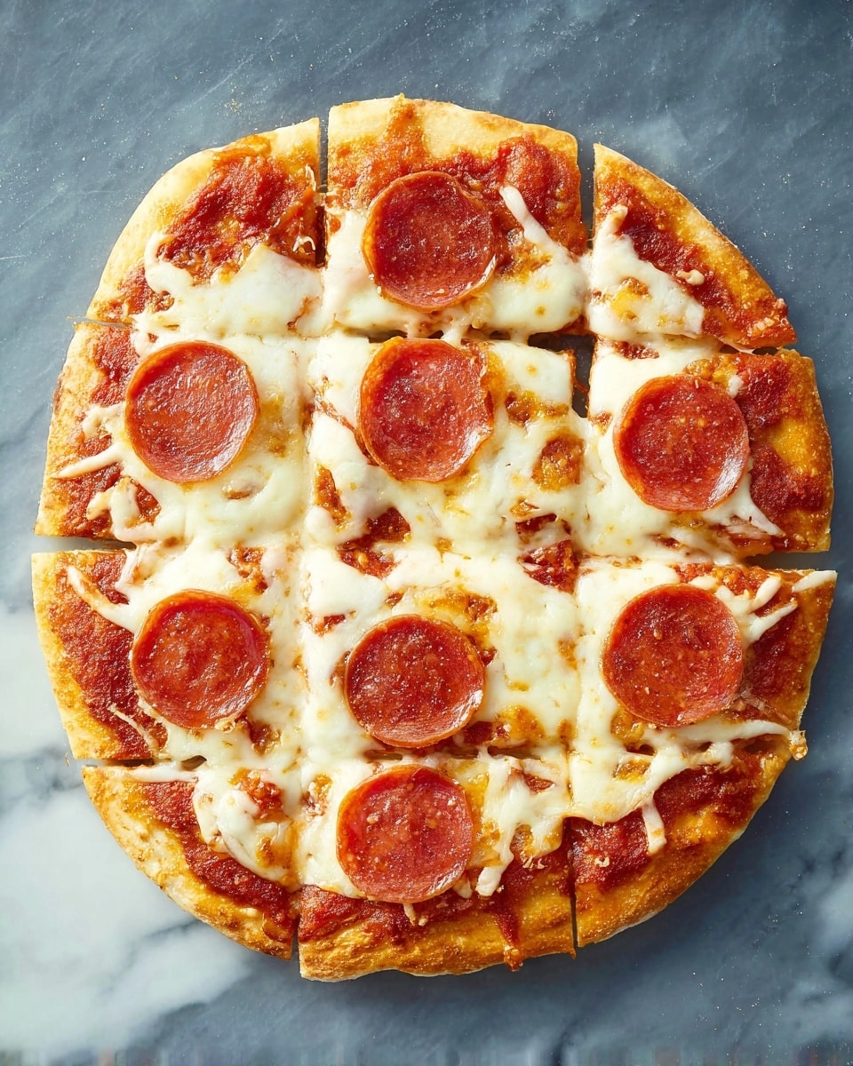A round pizza cut into 12 square pieces sits on a white marbled surface. The pizza has a golden-brown crust that is slightly thick and soft. The first layer is a base of tomato sauce with a bright red and slightly chunky texture, spread evenly beneath melted cheese. The second layer is creamy, melted mozzarella cheese that covers the entire pizza, showing a few golden brown spots where it is slightly toasted. On top, each piece has one or two slices of bright red pepperoni with a slightly shiny, oily texture and curled edges. The pizza is well-baked with the cheese bubbling and the pepperoni slightly crispy around the edges. Photo taken with an iphone --ar 4:5 --v 7