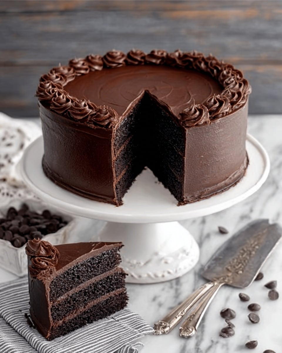 The image shows a slice of rich chocolate cake with three thick layers of dark brown, moist cake separated by two thin layers of glossy, dark chocolate frosting. The outer edge is covered in a smooth, dark chocolate icing with light texture from spreading instruments. The slice sits on a white plate with a silver fork placed next to it, all set against a white marbled surface. Photo taken with an iphone --ar 4:5 --v 7