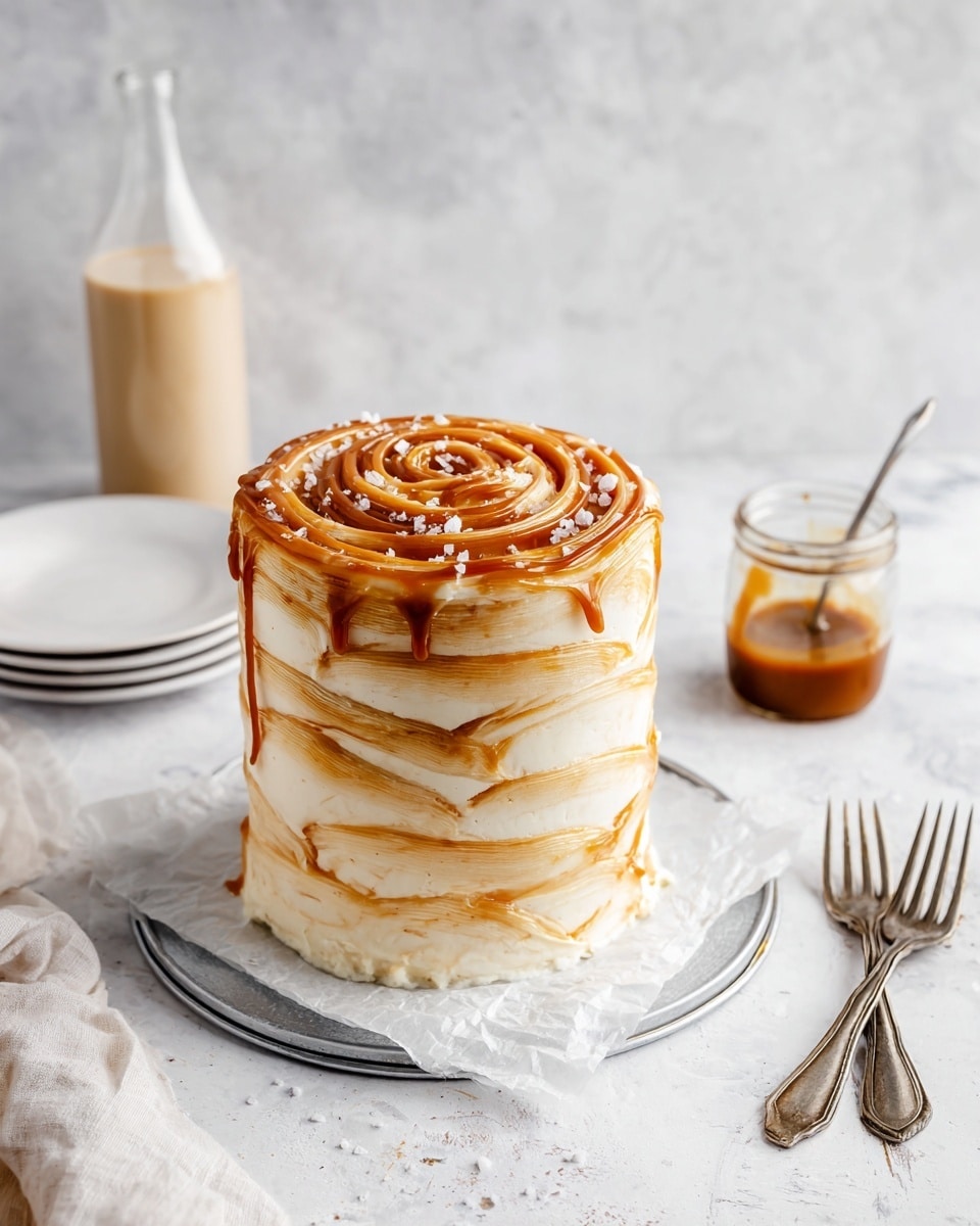 The image shows a tall, round cake with smooth creamy white frosting swirled with light caramel-colored ribbons all around it, creating a marbled effect. The top has a spiral pattern of caramel sauce, with some coarse salt sprinkled on it for texture. The cake stands on a round metal tray with a piece of white parchment paper beneath it, placed on a white marbled surface. In the background, there is a glass bottle containing a beige liquid, two stacked white plates, and a small glass jar filled with caramel sauce and a metal spoon inside. Two vintage silver forks lie to the right side near the edge of the frame, with a white plate partially visible in the bottom front. photo taken with an iphone --ar 4:5 --v 7