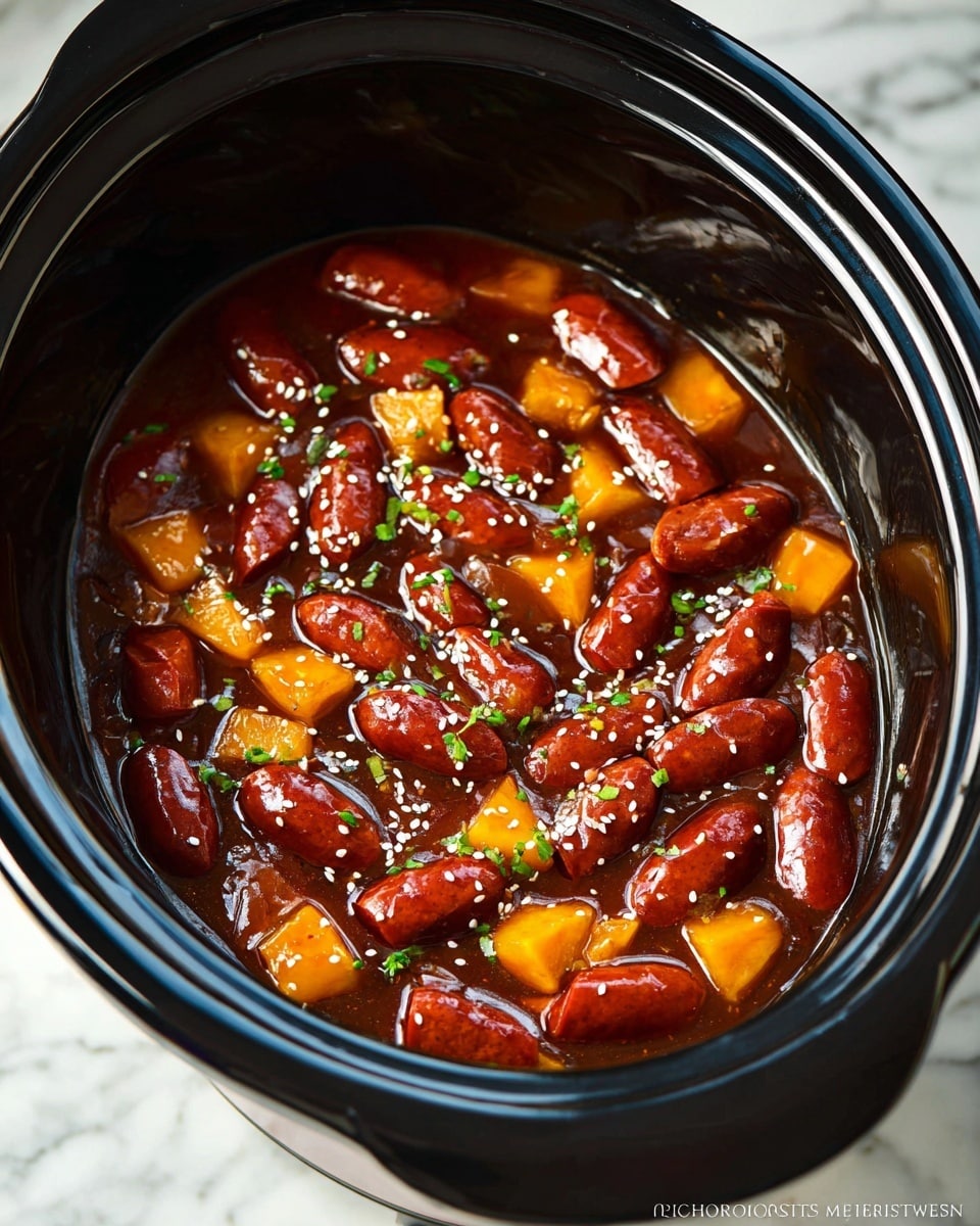 The image shows a slow cooker filled with a glossy, thick dark brown sauce containing small, plump reddish-brown sausages and bright yellow-orange pineapple chunks evenly mixed throughout. The dish is sprinkled with small white sesame seeds and finely chopped green herbs on top, adding contrast to the rich sauce. The slow cooker is black on the inside and has a reflective black rim, set against a white marbled surface. photo taken with an iphone --ar 4:5 --v 7