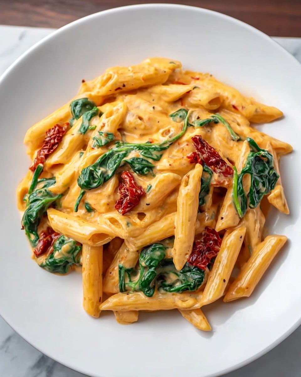 A white plate filled with creamy penne pasta covered in a smooth light orange sauce. The pasta is mixed with bright green spinach leaves and scattered pieces of deep red sun-dried tomatoes, adding color contrast and texture. The dish shows about three layers of penne pasta coated evenly in sauce with spinach and tomato pieces nestled throughout. The plate sits on a white marbled surface. Photo taken with an iphone --ar 4:5 --v 7