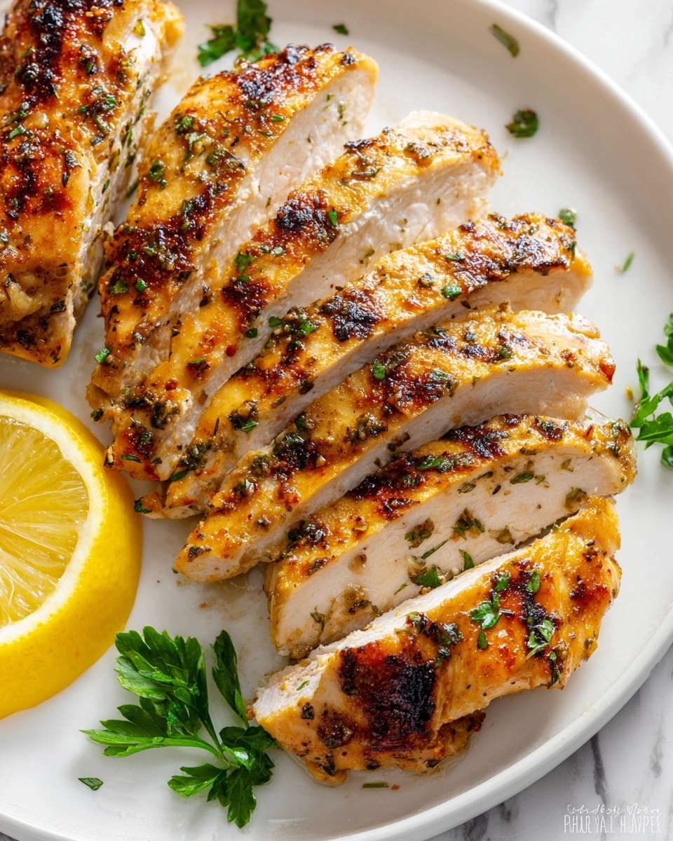 The image shows a white plate with five slices of grilled chicken breast, each slice layered side by side. The chicken has a golden-brown cooked surface with grill marks, speckled with green herbs and small black char spots. The inner part of the chicken is white and tender-looking. On the bottom left of the plate, there is a bright yellow lemon slice and a sprig of fresh green parsley. The plate rests on a white marbled surface. photo taken with an iphone --ar 4:5 --v 7