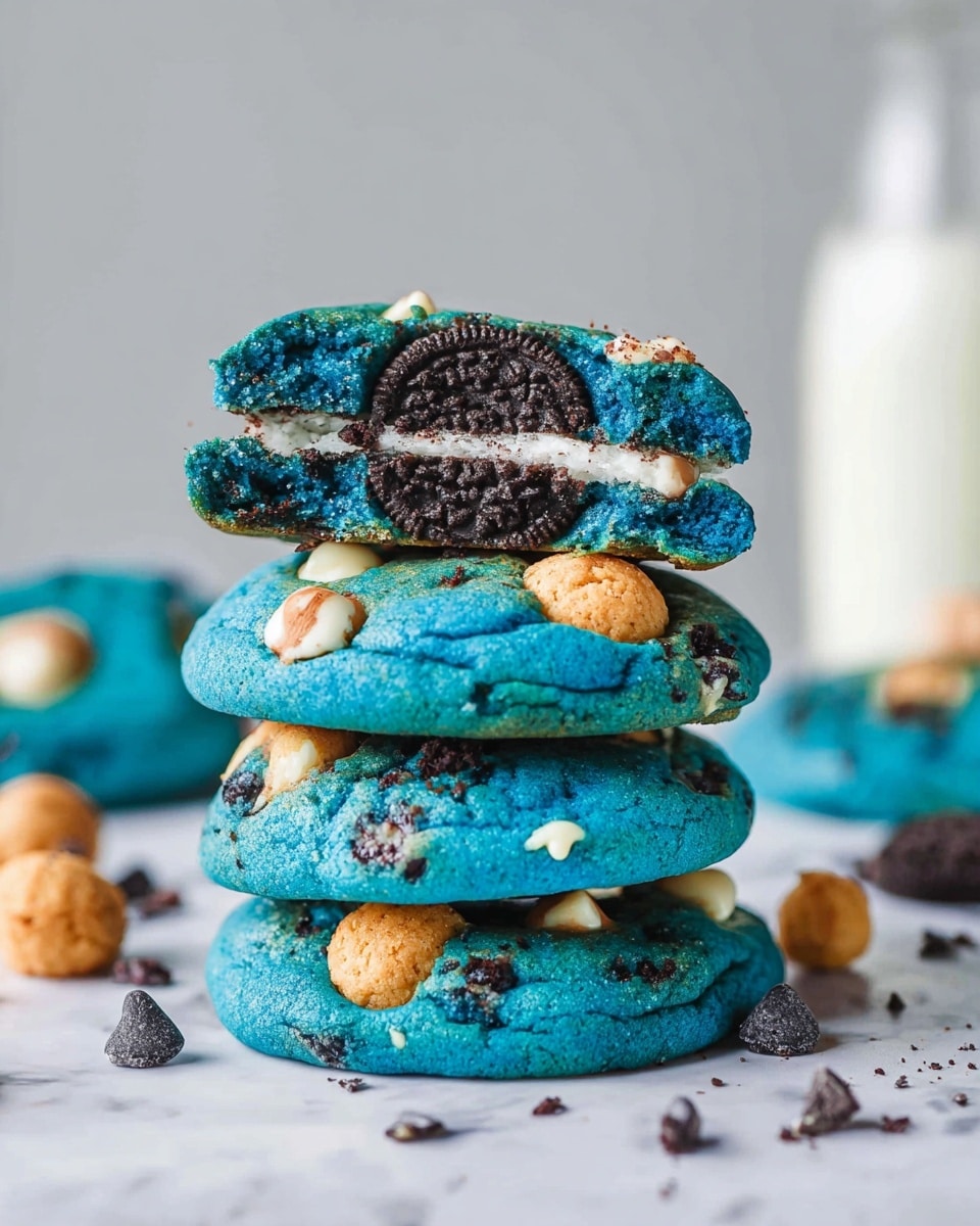 A stack of four thick, bright blue cookies sits on a white marbled surface. The bottom two cookies have visible chunks of dark chocolate and white chocolate chips scattered throughout their soft, textured tops. On the upper two cookies, one is whole while the other is split in half, revealing a dark Oreo cookie with white cream inside, surrounded by bright blue dough and small cookie dough bites. The cookie dough bites are light brown with visible chocolate chips. In the blurred background, there is a bottle of milk and more cookie dough bites and chocolate chips scattered on the surface. Photo taken with an iphone --ar 4:5 --v 7