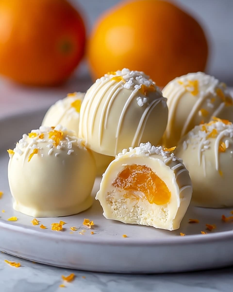 The image shows a close-up of several white chocolate truffles on a white plate set on a white marbled surface. Each truffle is smooth and round with fine white chocolate drizzle lines over the top layer, creating a slightly shiny texture. The truffles are decorated with small rough white sprinkles and tiny orange zest pieces scattered across their tops. One truffle is cut open in the front, revealing three layers: a thin outer white chocolate shell, a dense creamy white filling layer underneath, and a bright orange jelly center at the core. In the blurry background, there are three round orange fruits. Photo taken with an iphone --ar 4:5 --v 7