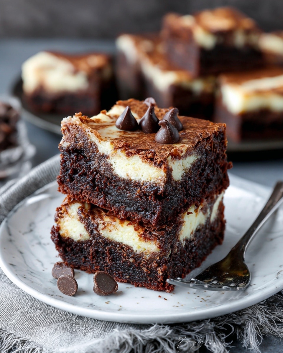 The image shows two thick square brownies stacked on a white plate, each brownie having two visible layers: the bottom layer is dark, rich chocolate with a moist, dense texture, while the top layer is a creamy, swirled cheesecake with a marbled brown and white pattern. A few chocolate chips sit on top of the upper brownie, adding detail and texture. In the background, more brownies are visible out of focus. The plate sits on a soft gray cloth with frayed edges, resting on a white marbled tabletop. Next to the plate, a fork holds a small bite-sized piece showing the distinct dark chocolate and cream cheesecake layers. Photo taken with an iphone --ar 4:5 --v 7