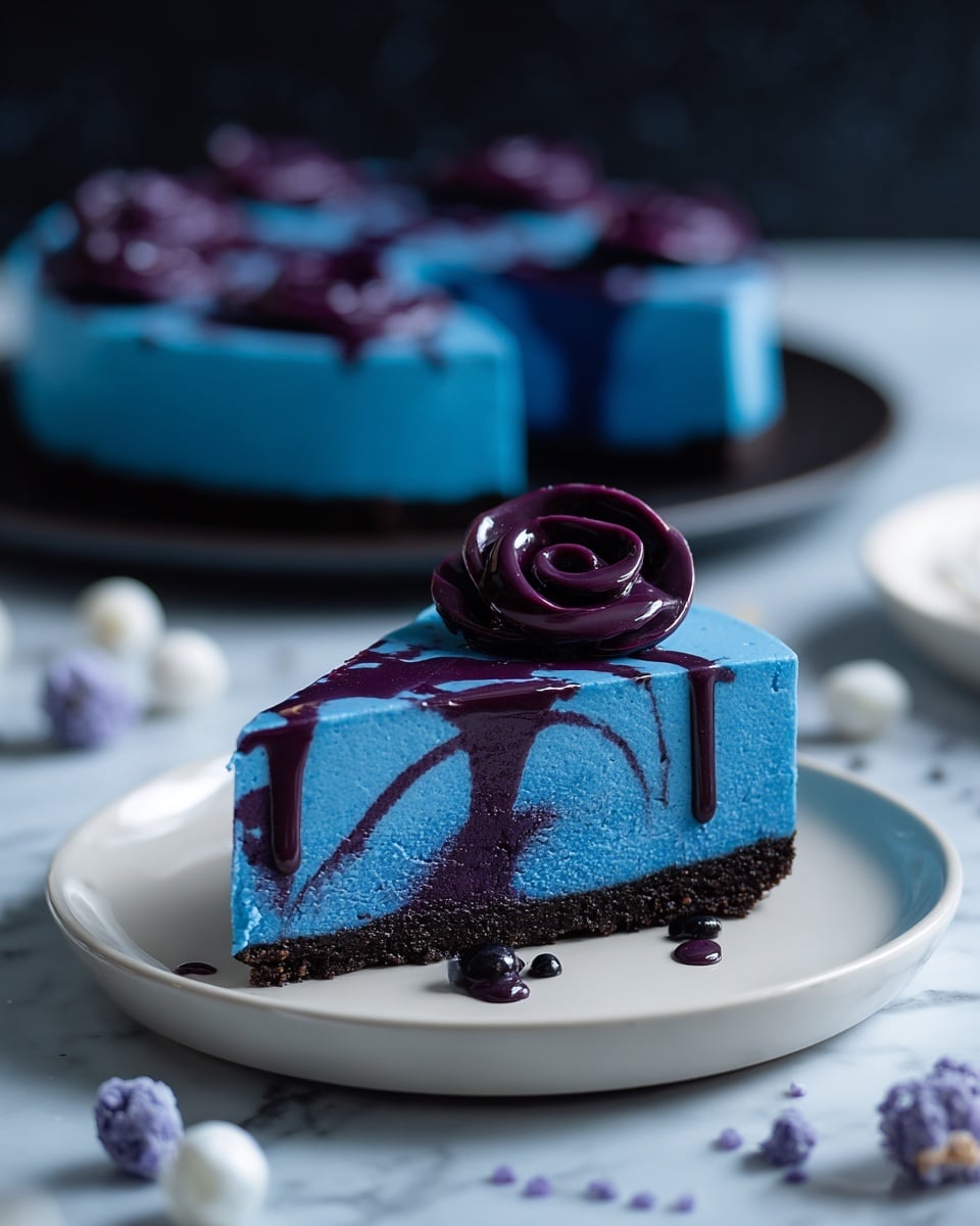 A slice of bright blue cheesecake sits on a white plate with a dark crumbly base layer, topped with a smooth, thick blue cream layer that has a darker purple swirl running through the middle. The top is decorated with a glossy, dark purple sauce shaped like a rose. In the background, the rest of the cheesecake is seen on another white plate, also decorated with the dark purple sauce. The setting is on a white marbled textured surface with small scattered white and purple decorations. photo taken with an iphone --ar 4:5 --v 7