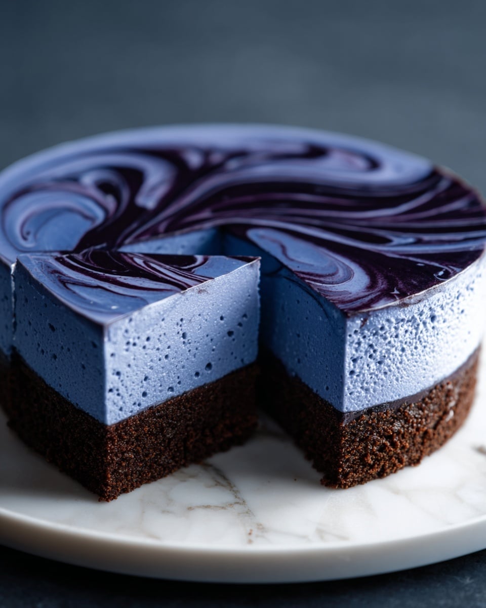A round cake with two clear layers sits on a white plate with a white marbled texture underneath. The bottom layer is dark brown with a crumbly texture, forming a solid base. Above it is a thick, smooth blue mousse layer with a light, airy texture and tiny air bubbles. On top of the blue mousse, there are dark purple, glossy swirls creating a marbled pattern. One slice is cut out and slightly pulled forward, revealing the clean, sharp edges of the layers. The photo taken with an iphone --ar 4:5 --v 7