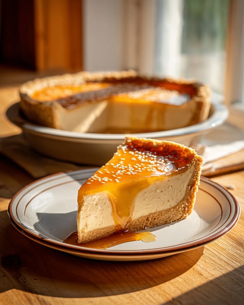 A single slice of a thick, creamy beige pie sits on a white plate with a thin brown rim, placed on a wooden table by a sunlit window. The pie slice has three visible layers: a thin, crumbly golden brown crust at the bottom, a tall, smooth, light tan filling in the middle, and a shiny amber syrup layer dripping over the top, sprinkled with small white seeds. In the background, the full pie sits on a white plate, showing the same layers with a missing slice. The setting is warm with natural light highlighting the textures and colors vividly. Photo taken with an iphone --ar 4:5 --v 7