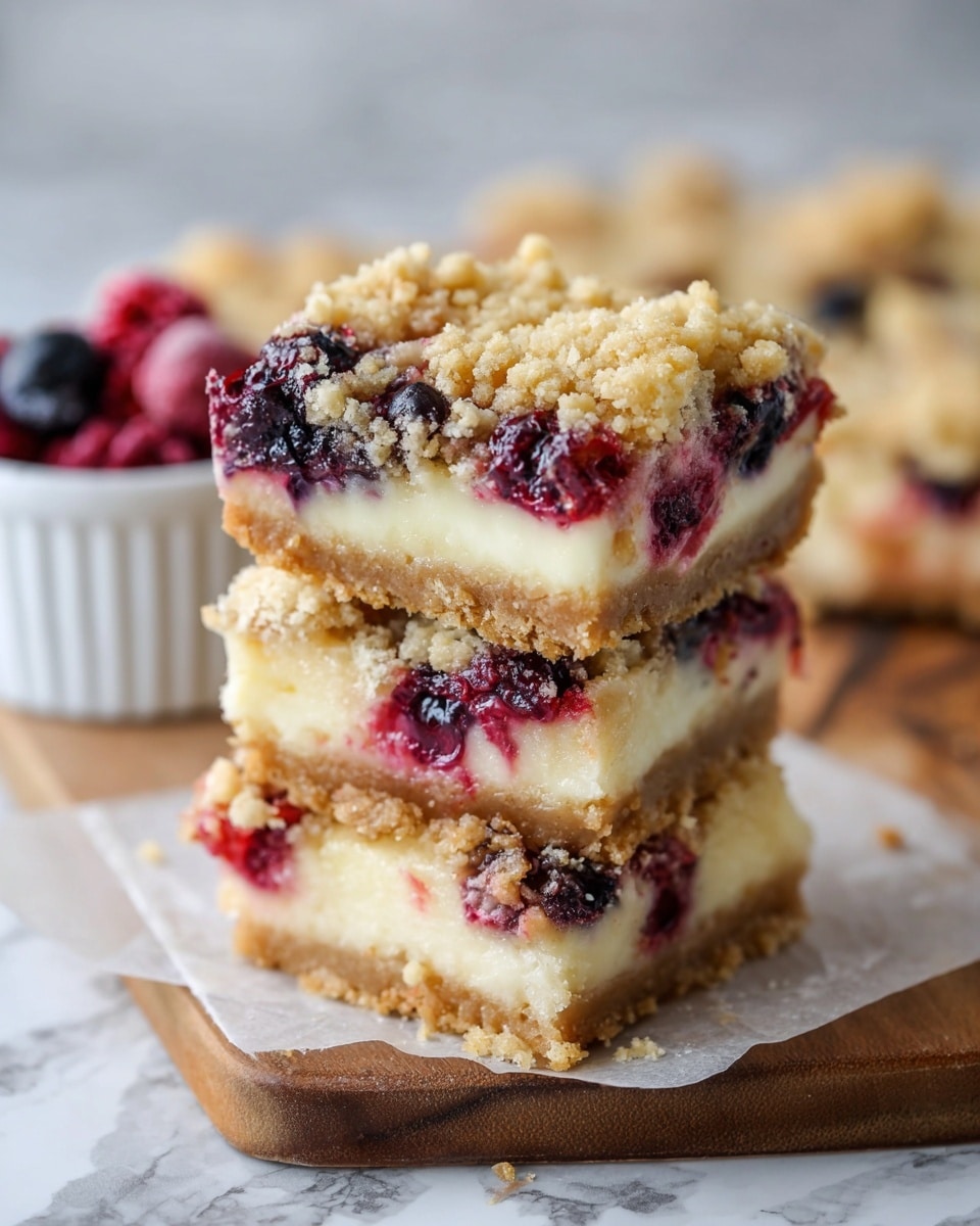 The image shows three stacked dessert bars with three visible layers on a piece of parchment paper on a wooden board, all set on a white marbled texture. The bottom layer is a light golden brown, crumbly crust with a firm texture. The middle layer is creamy white, smooth, and thick, likely cheese or custard. The top layer is a golden crumbly streusel with scattered, vibrant red and deep blue berries embedded inside and on the surface, adding pops of color and texture. In the blurred background, there is a white ramekin filled with red and dark berries. photo taken with an iphone --ar 4:5 --v 7